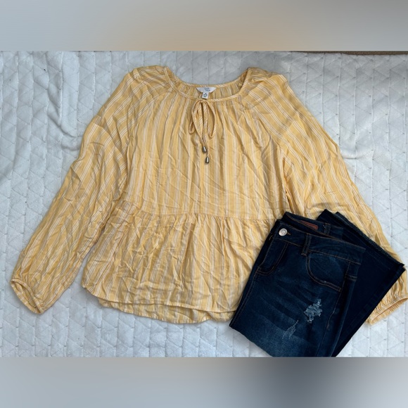 Time and True Yellow & White Striped Top with Tie Detail & Bell Sleeves Size Med - Picture 2 of 8